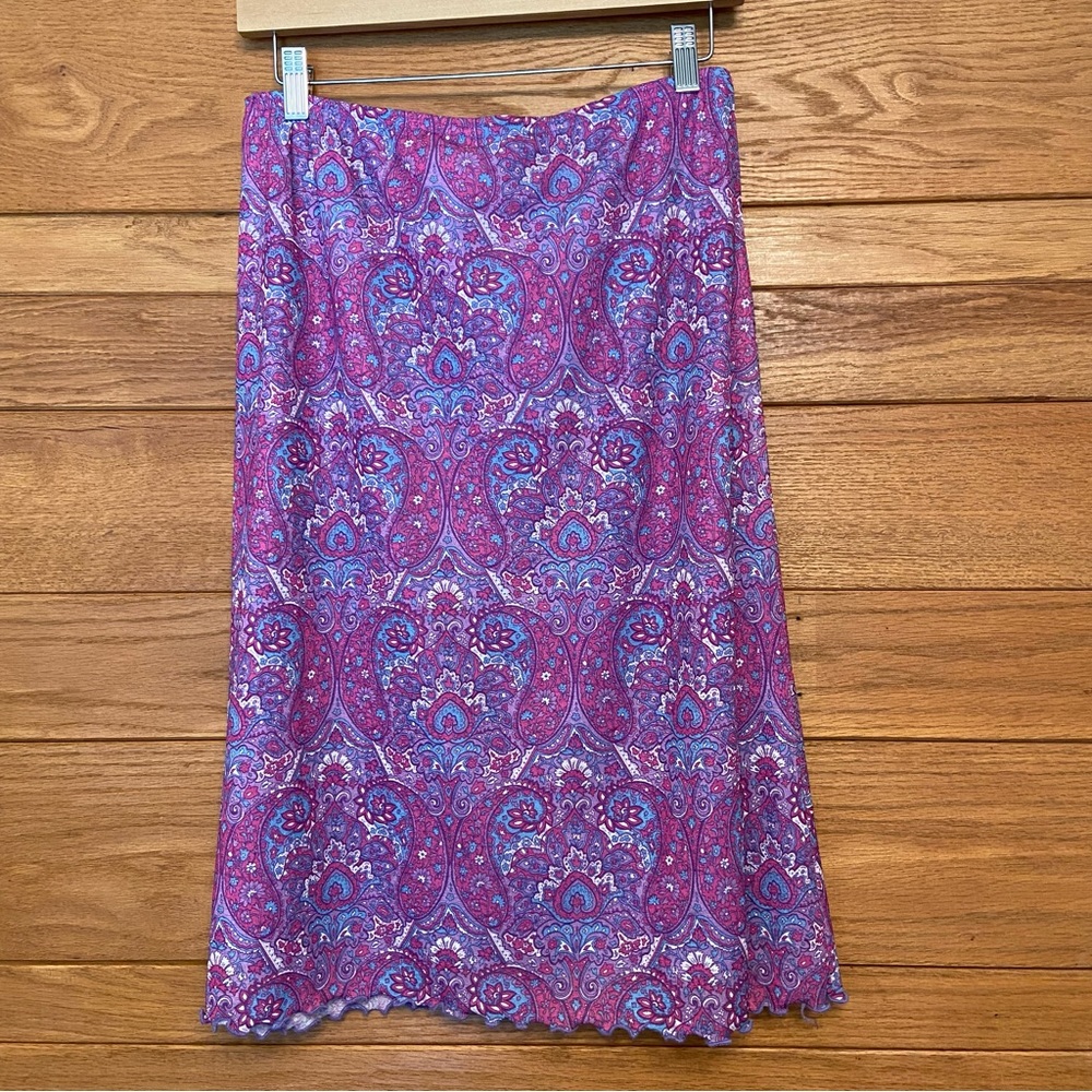 Y2K purple and blue paisley print lettuce trim slip style skirt